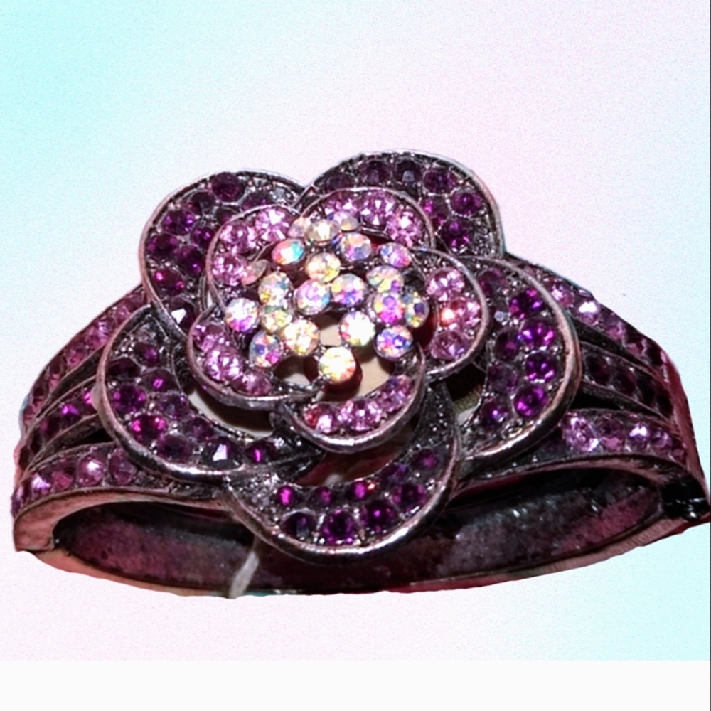 Purple Diamante Crystal Flower Cuff Bangle - Picture 13 of 13